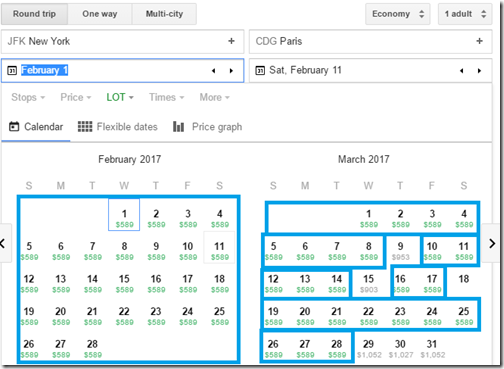 JFK-CDG $589 Google calendar feb-mar