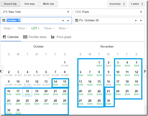 JFK-CDG $589 LOT Google fare calendar Oct-Nov16