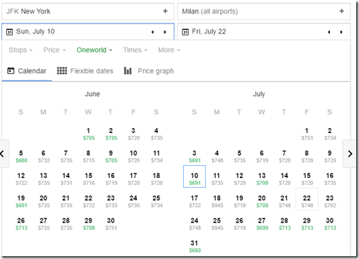 JFK-MXP Google Flights Oneworld June-July calendar