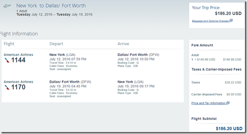 LGA-DFW $186 AA Jul12-19