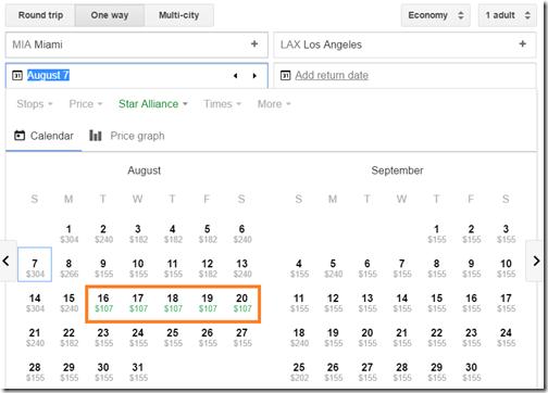 MIA-LAX $107 UA Aug16 calendar