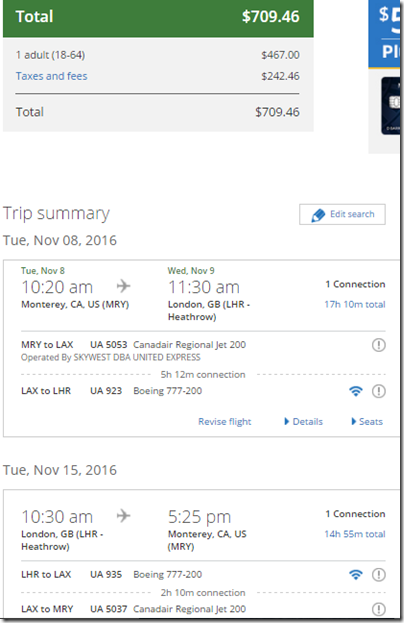 MRY-LHR $710 UA Nov 8-15