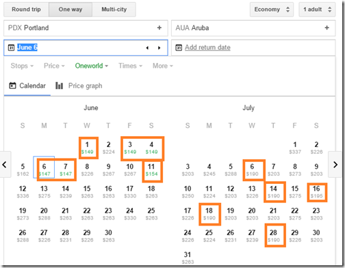 PDX-AUA Google June 16 fare calendar