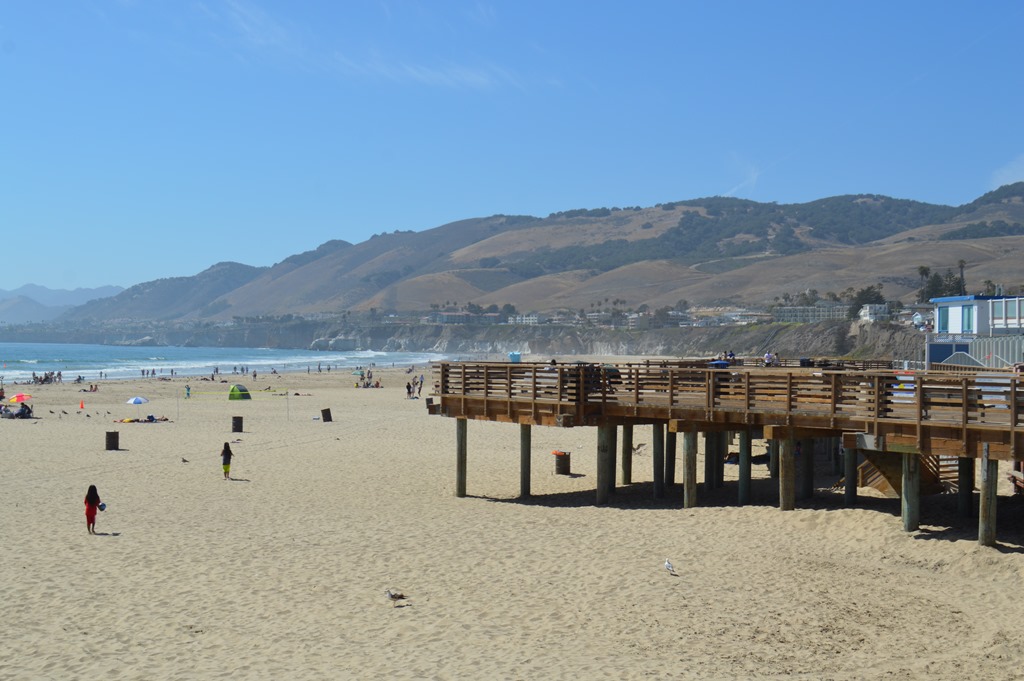 a beach with a pier and people on it