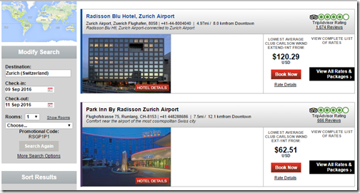 Radisson Blu Zurich prices Sep