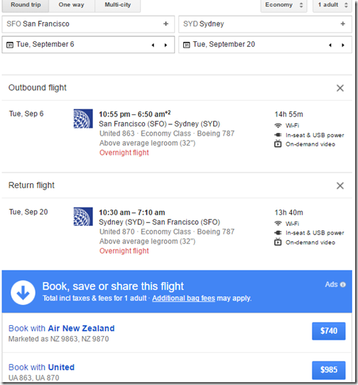 SFO-SYD Google Flights UA error