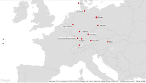 a map of europe with red dots