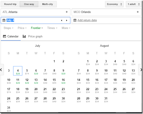 ATL-MCO ow Google Flights Jul-Aug Frontier