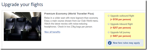 BA Premium Economy upgrade $150