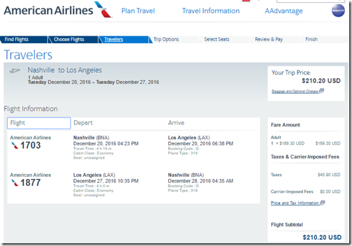 BNA-LAX $210 AA Dec 20-27