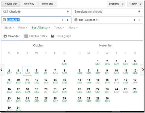 CLT-BCN $415 Google Flights UA Oct-Nov