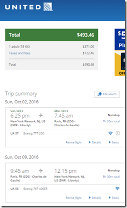 EWR-CDG $494 UA Oct2-9