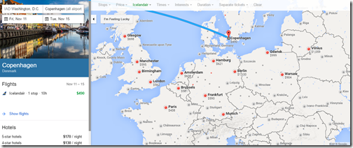 Google Flights Icelandair IAD-Europe fare map