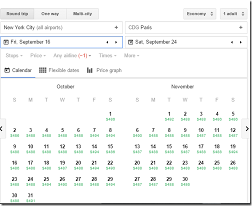 Google Flights NYC-CDG fare calendar Oct-Nov