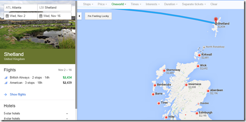 Google Flights Shetland ATL-LSI BA BIz fares map