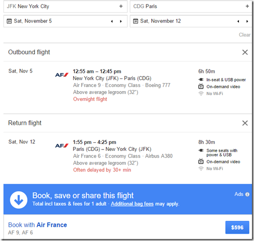 JFK-CDG $596 AF nonstop Nov5-12