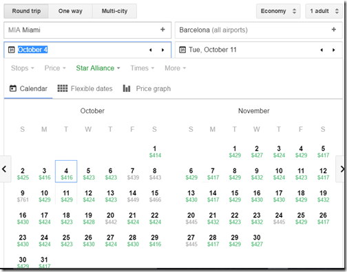 MIA-BCN $415 UA Google Flights Oct-Nov