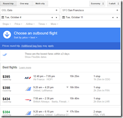 OSL-SFO Google Flights Oct4-11 $395-$434 AA, DL, UA