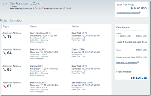 SFO-ZRH $414 AA Nov9-17