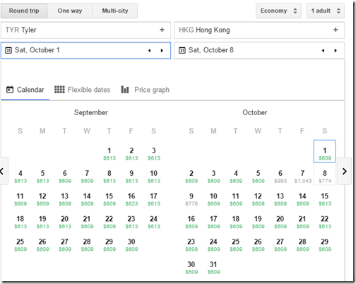 TYR-HKG Google Flights fares Sep-Oct
