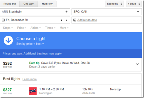 ARN-OAK $327 Dec 30 Norwegian