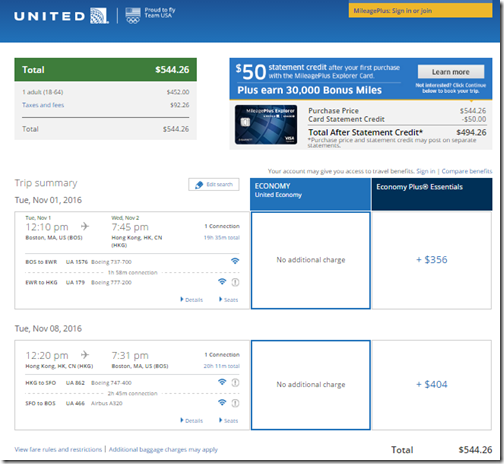 BOS-HKG $545 UA Nov 1-8