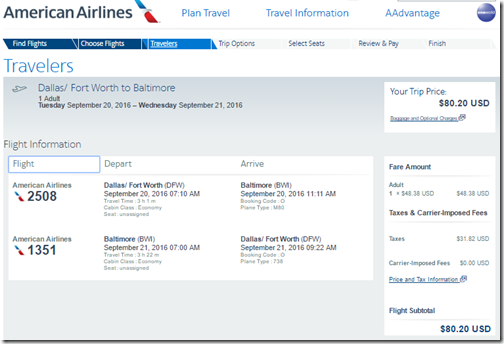 DFW-BWI $80 AA Sep20-21