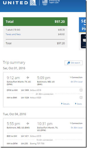 DFW-BWI $97 UA Oct1-4