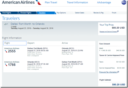 DFW-MCO $80 AA Aug23-30