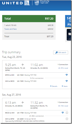 DFW-MCO $97 UA Aug23-27