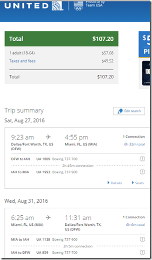 DFW-MIA $107 UA Aug 27-31