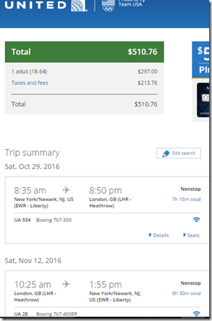 EWR-LHR $511 UA Oct29-Nov12