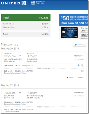 EWR-OSL $425 Oct 17-24 UA