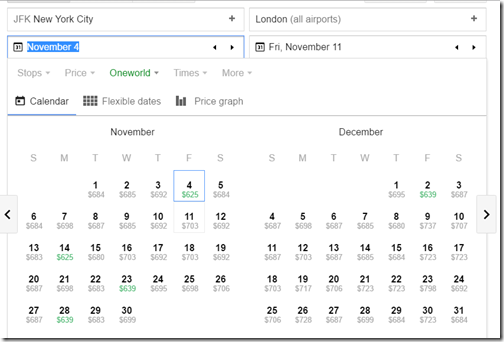 Google Flights JFK-LHR fare calendar