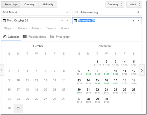 Google Flights MIA-JNB $460 AF Oct31