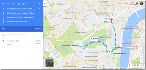 Google maps London walking tour Buckingham Palace-Whitehall