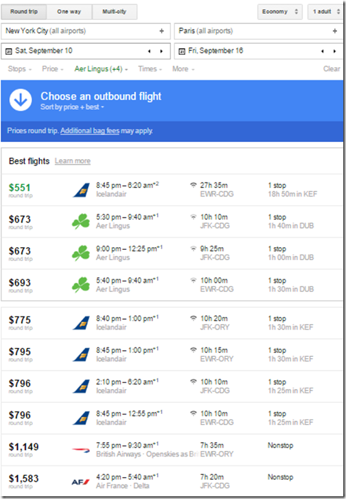 Icelandair NYC-Paris Sep fares Google Flights