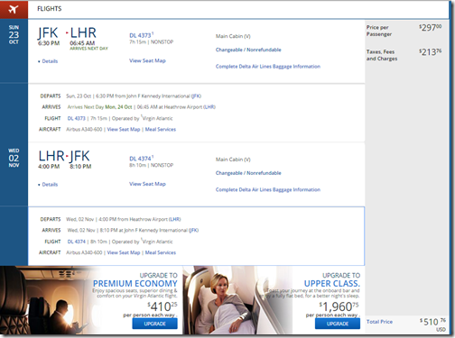 JFK-LHR $511 DL Oct 23 - Nov 2