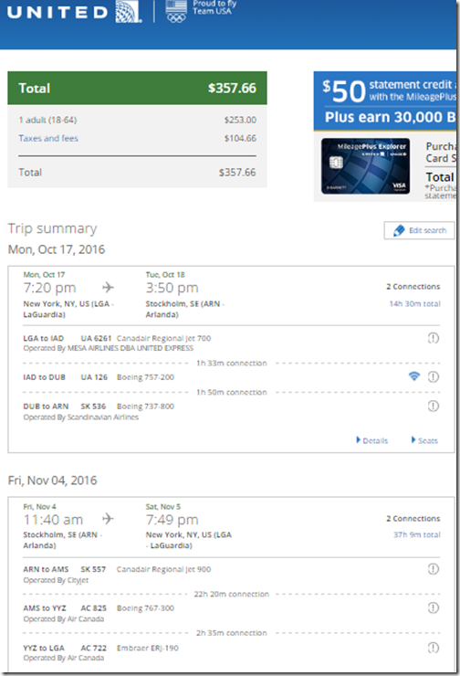 LGA-EWR $358 UA Oct17-Nov 4