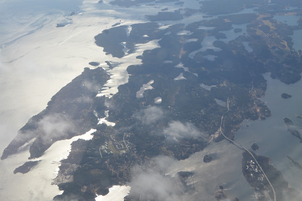 aerial view of a body of water and land