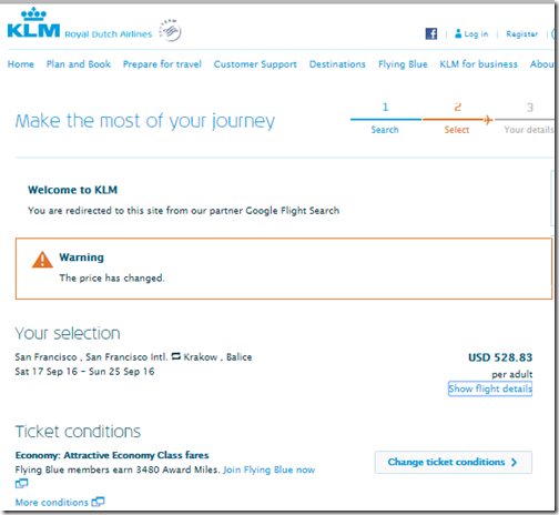 SFO-KRK KL-2 fare $529 Sep17-25