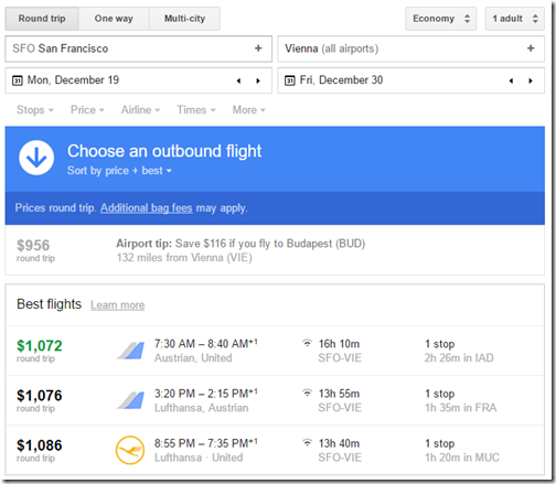 SFO-VIE Dec Xmas fares google flights