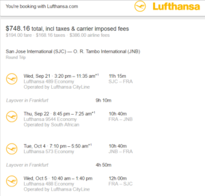 SJC-JNB $749 LH Oct