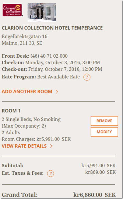 Clarion Malmo room rate Oct3-7