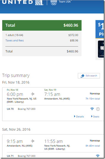 EWR-AMS $461 UA Nov18-26