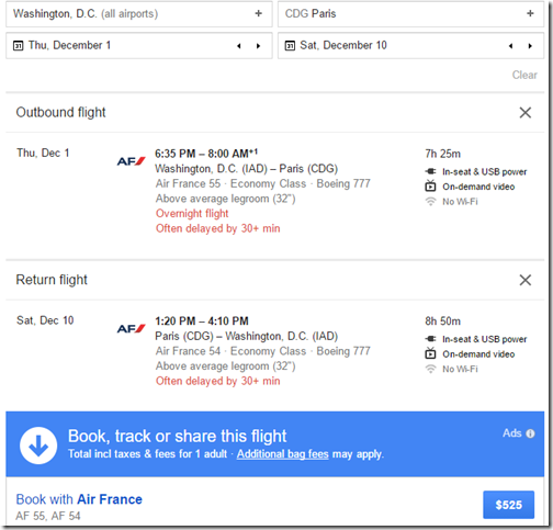 IAD-CDG $524 AF Dec 1-10