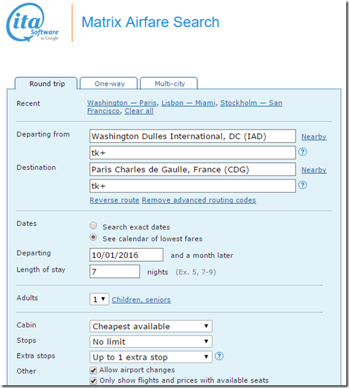 ITA Matrix IAD-CDG TK