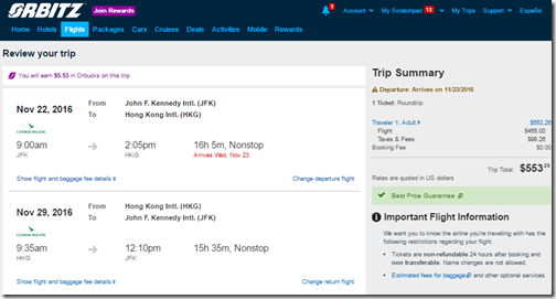 JFK-HKG $554 CX Nov 22-29