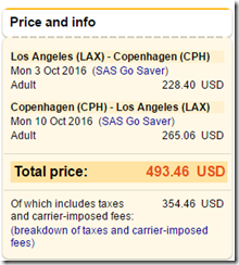 LAX-CPH $494 fare price