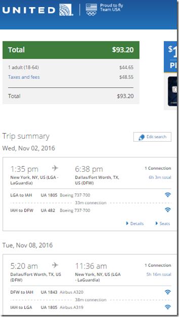 LGA-DFW $93 UA Nov2-8